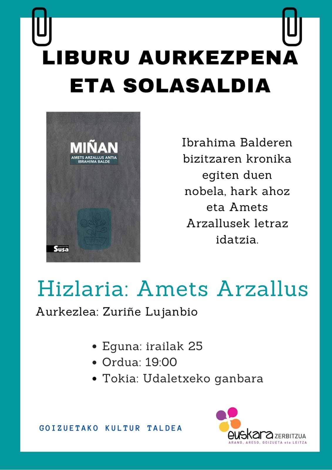 Liburu aurkezpena eta solasaldia, Amets Arzallusekin