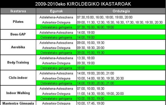 Ordutegia zehaztuta, Kiroldegiko ikastaroak irailean hasiko dira martxan