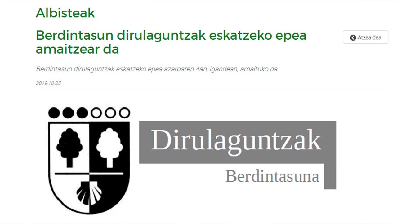 Berdintasun arloko dirulaguntzak  eskatzeko epea bihar amaitzen da