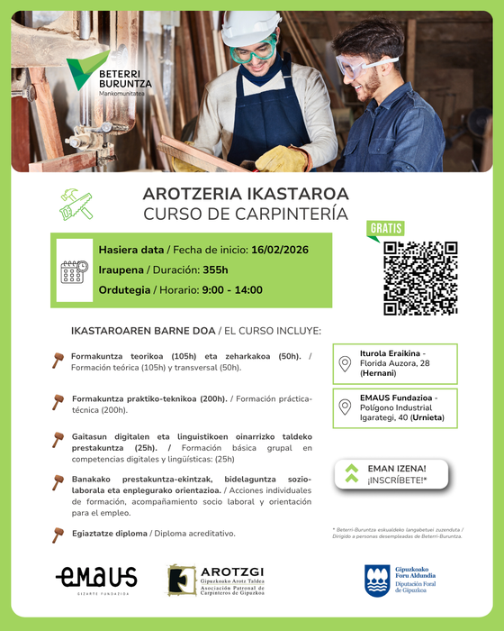 Bi doako formakuntza-ibilbide berri eskaintzen dira 2026rako: sukaldaritza eta arotzeria