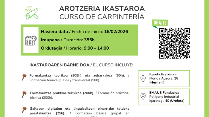 Bi doako formakuntza-ibilbide berri eskaintzen dira 2026rako: sukaldaritza eta arotzeria