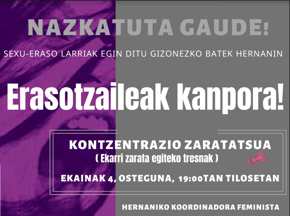 Azken boladan jazotako eraso sexualak salatzeko, kontzentraziorako deia luzatu da bihar arratsalderako