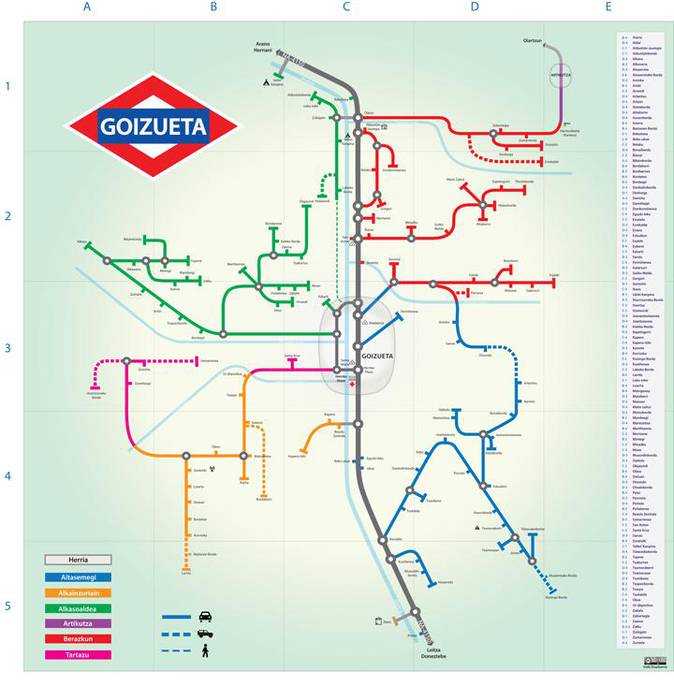 Metroko plano batean Goizuetako baserrien mapa ikusi daiteke