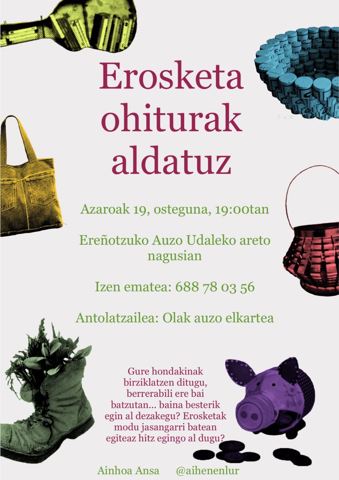 'Erosketa ohiturak aldatuz' tailerra izango da ostegunean Ereñotzun, Auzo Udaleko areto nagusian
