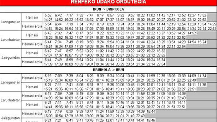 Renfek udarako tren ordutegi berria 
jarri du martxan, iraila erdira arte